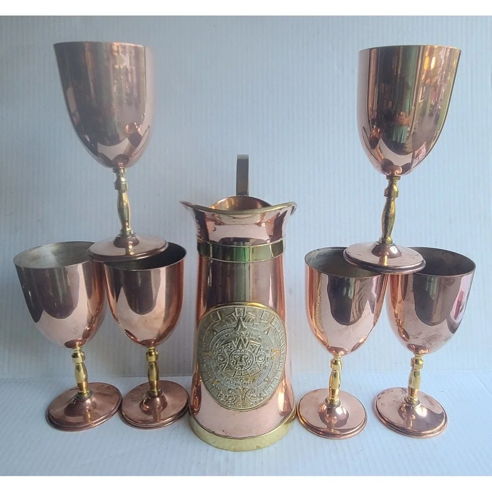Vintage Orfe Mex Mexican Copper Brass Wine Water Pitcher & 6 Goblets RARE Unique